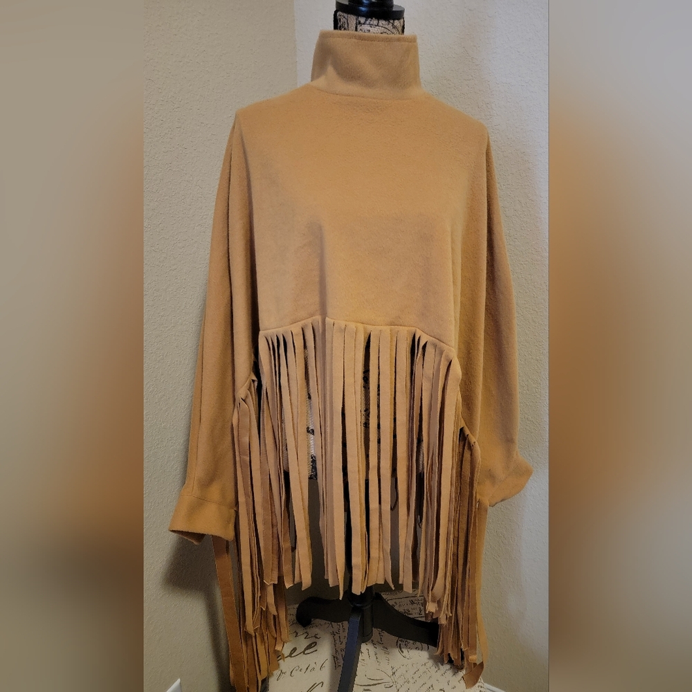 (NEW) Elegant Tan Cowl Neck Ponchos with Fringe